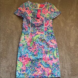 Lilly Pulitzer Pink and Blue Sheath Mini Shift CoralLynn Dress 60 Animals New!